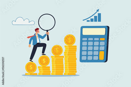 Flat illustration of businessman climbing staircase of gold coins toward calculator while holding magnifier to represent financial control and budget planning
