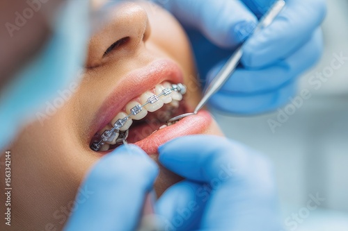 Orthodontist adjusting metal braces on a patient
