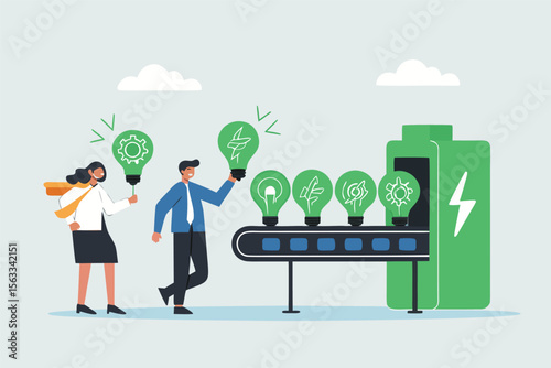 Flat illustration of employees arranging conveyor belt of ESG green bulbs into renewable power system 