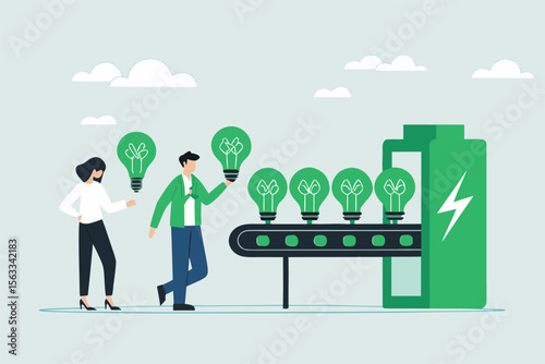 Flat illustration of employees arranging conveyor belt of ESG green bulbs into renewable power system 