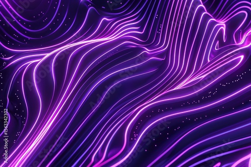 Abstract purple and black wavy lines. Design for poster, wallpaper. Digital artwork of glowing neon purple color made from metallic with black background. Futuristic design composition. AIG51.