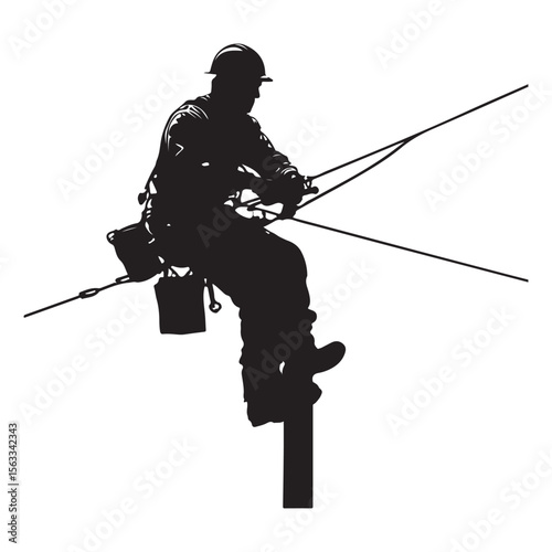 Lineman silhouette climbing electric pole vector artwork, Lineman silhouette vector flat illustration design