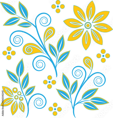 Blue and yellow floral swirls and leaves pattern vector