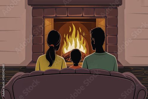 A cozy scene of people relaxing by a fireplace, illustrated in clean vector linear style, emphasizing warmth, comfort, and minimalistic design elegance 