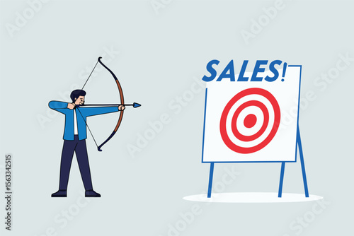 Flat illustration of confident businessman aiming bow and arrow at bullseye target labeled sales goal on whiteboard 