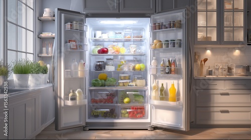 Modern refrigerator filled with groceries in a bright kitchen  