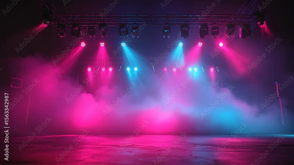 Illuminated Stage: Dynamic interplay of radiant lights, casting a vibrant glow across the empty platform, creating a captivating visual experience.