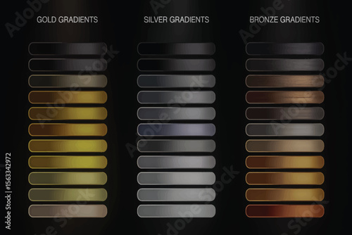 A digital image showing three columns of metallic gradient swatches on a black background 