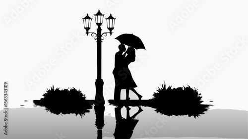 Silhouette of couple under umbrella by lamppost with reflections in water creating romantic atmosphere