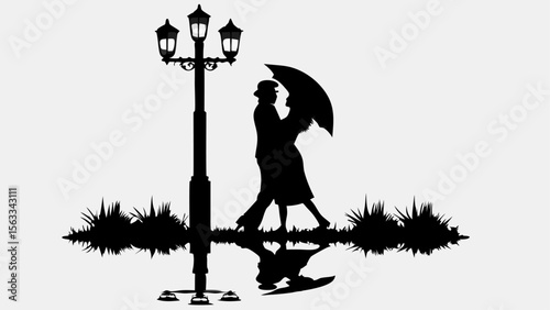 Silhouette of a couple under an umbrella next to a lamppost with grass and reflections in black and white