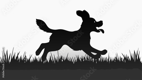 Silhouette of a dog running through grass with its tongue out and ears flopping in the wind playfully