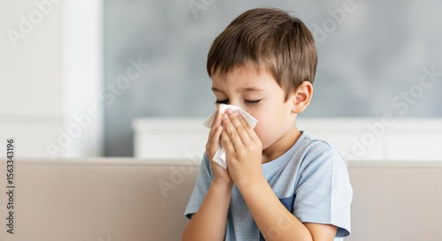 Sneezing Young Boy Covering Nose with Tissue Indoors