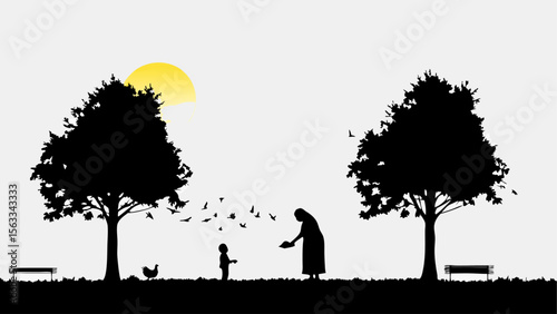 Silhouette of a woman and child feeding birds in a park with trees and benches at sunset scene outdoors