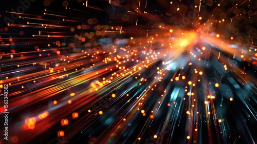Abstract picture micro light sparkling particle represent data flow vivid flowing wave with high tech background, create digital effect scene perfect for energetic and fantasy wallpaper design. AIG53.
