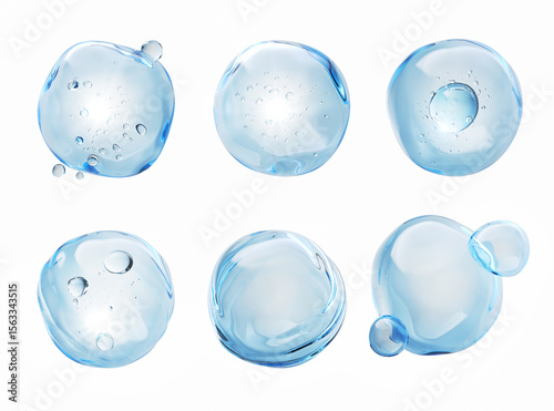 set of blue liquid bubbles, Cosmetic collagen serum 3d illustration.