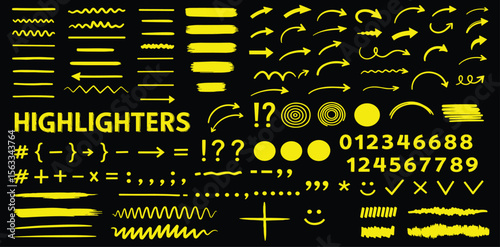 Highlighters markers in hand-drawn style. Numbers, underline, round, arrows, punctuation marks and sketch. 