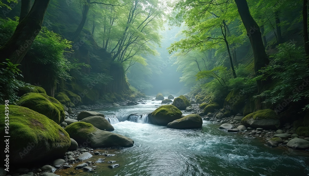 Scenic river flows through forest. Green trees surround waters. Mossy rocks, waterfall, create natural beauty. Natural landscape, ideal for eco-tourism, nature magazines. Peaceful, calm environment. Scenic river flows through forest. Green trees surround waters. Mossy rocks, waterfall, create natural beauty. Natural landscape, ideal for eco-tourism, nature magazines. Peaceful, calm environment.