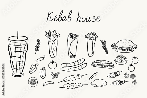Kebab, Shawarma, preparation Barbecue sketch illustration. Arabic cuisine Design elements for fast food and BBQ menu. Middle Eastern food ingredients, meat skewer in butcher shop. Hand drawn vector