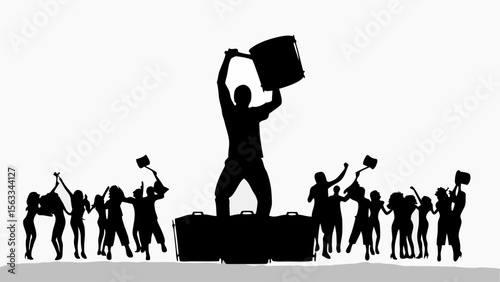 Silhouette of a man holding a drum over a crowd of people with luggage and musical instruments at a party
