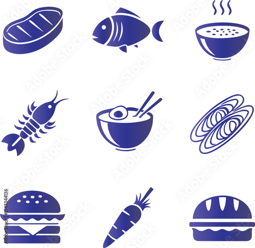 Food icons steak fish soup shrimp noodles burger carrot pie vector