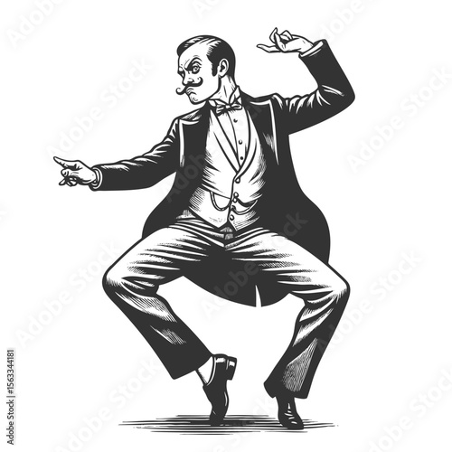 gentleman in a tuxedo striking a flamboyant dance pose with exaggerated flair sketch engraving generative ai fictional character vector illustration. Scratch board imitation. Black and white image.