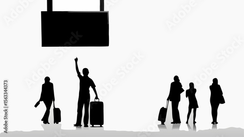 Silhouettes of people with luggage under a sign at an airport arrival or departure area in black and white
