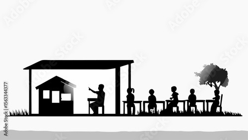 Silhouette of an outdoor classroom with a teacher and students sitting at desks under a shaded structure