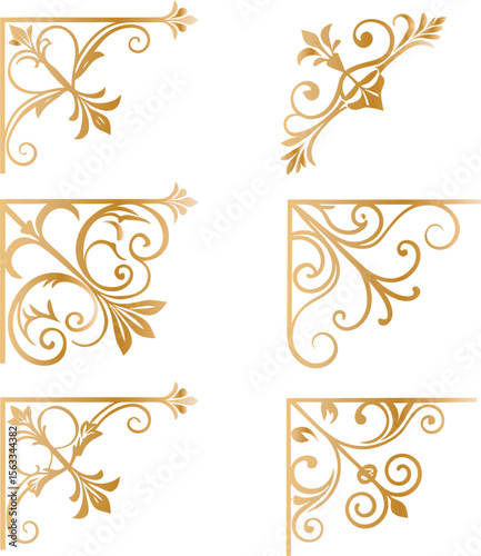 Golden ornate corner flourishes with floral elements vector
