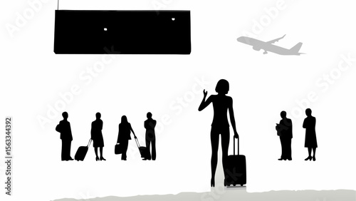 Silhouette of people at an airport with luggage and a plane taking off in the background, black and white