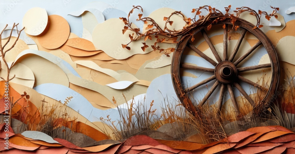 Fototapeta premium Papercraft landscape depicts rustic scene. Wheel, branches, hills create textured artwork. Warm tones dominate composition.