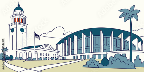 Inglewood CA Skyline Silhouette with SoFi Stadium, The Forum, and Civic Buildings – Perfect for Sports and Entertainment Design