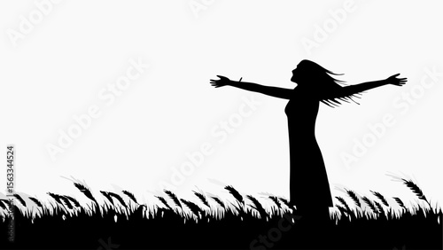 Silhouette of a woman with outstretched arms standing in a field of grass against a white background