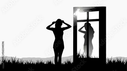 Silhouette of a woman adjusting her hat stands before a window reflecting her image in black and white