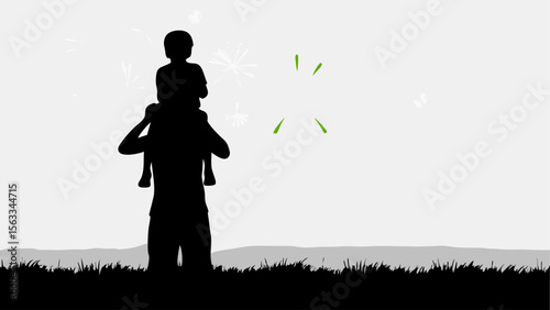 Silhouette of a father carrying a child on his shoulders in a grassy field with a bright sky above them