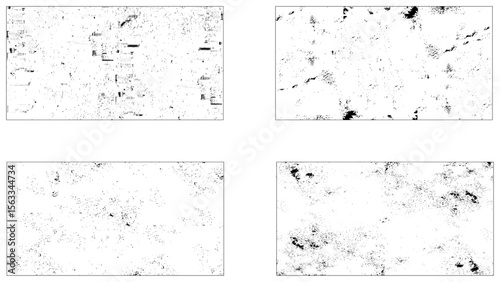 Grunge overlay textures with dust grain isolated on white background. Set of vector paint brush stroke, ink splash and grungy decoration elements for social media. Distressed vintage banner 