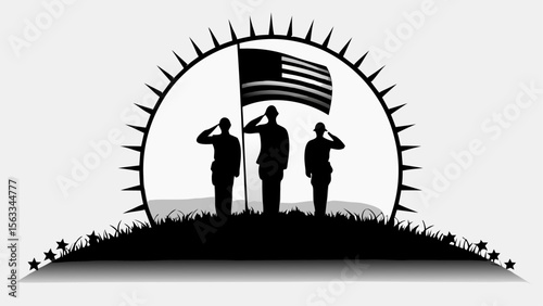 Silhouette of soldiers saluting american flag under sunburst on grassy hill for memorial day tribute