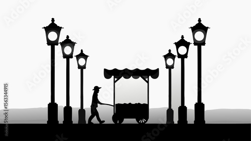 Silhouette of street vendor pushing cart between lampposts in black and white minimalist scene design