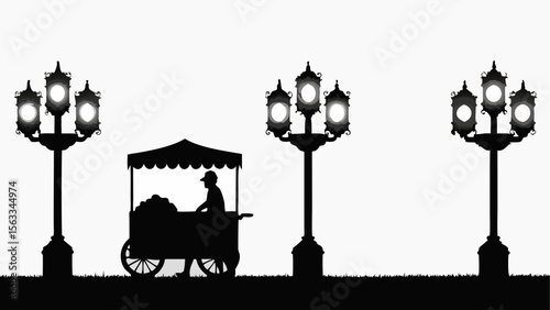 Silhouette of a vendor with a cart between ornate street lamps on a white background in a park scene