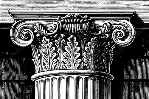 classical column with ornate Corinthian capital, suitable for historical designs, architecture studies or educational prints a black and white line art illustration