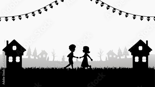 Silhouette of children holding hands in a landscape with houses and string lights at the top of the image