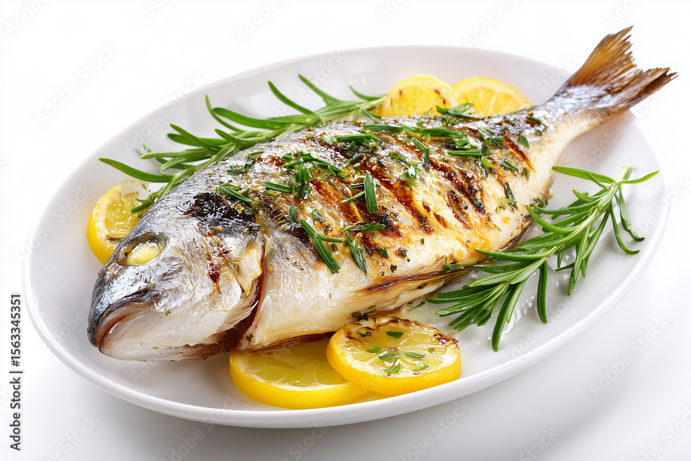 Grilled Mediterranean sea bream with rosemary and lemon slices served on a white plate Grilled Mediterranean sea bream with rosemary and lemon slices served on a white plate