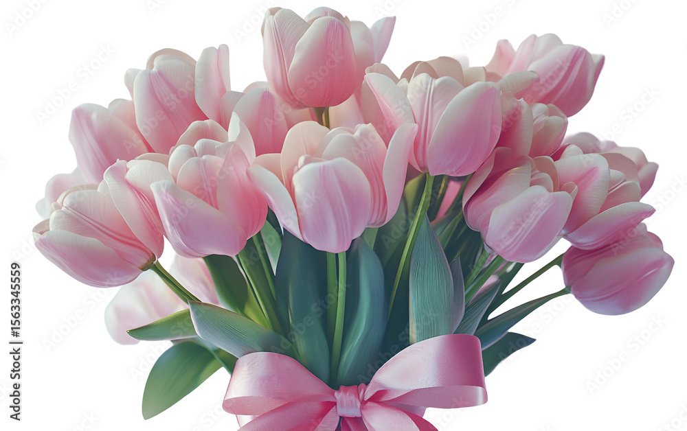 Fototapeta premium Elegant bouquet of pink and white tulips tied with soft ribbon for romantic occasions isolated on transparent background PNG