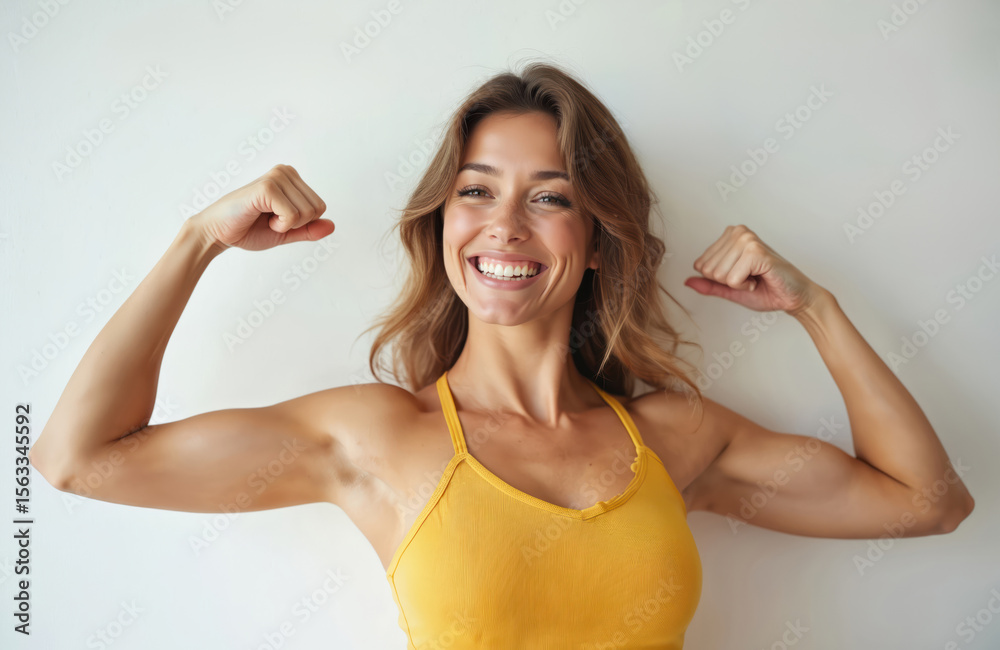 Happy strong woman flexes muscles, shows arm strength on white background. Smiling female in yellow top demonstrates power, confidence in studio. Healthy lifestyle, body positivity and fitness. Happy strong woman flexes muscles, shows arm strength on white background. Smiling female in yellow top demonstrates power, confidence in studio. Healthy lifestyle, body positivity and fitness.