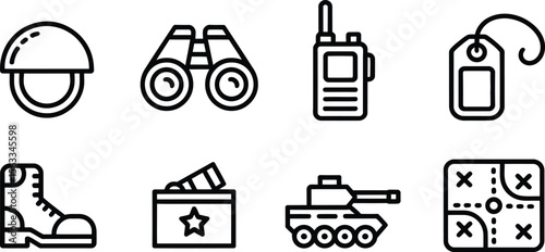 Icons representing military equipment and defense tools including helmet, binoculars, radio, and tank