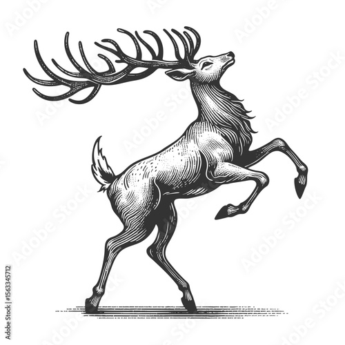 majestic deer stag rising on hind legs sketch engraving generative ai fictional character vector illustration. Scratch board imitation. Black and white image.