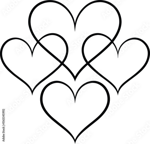 Four intertwined hearts symbolize eternal love isolated on white background