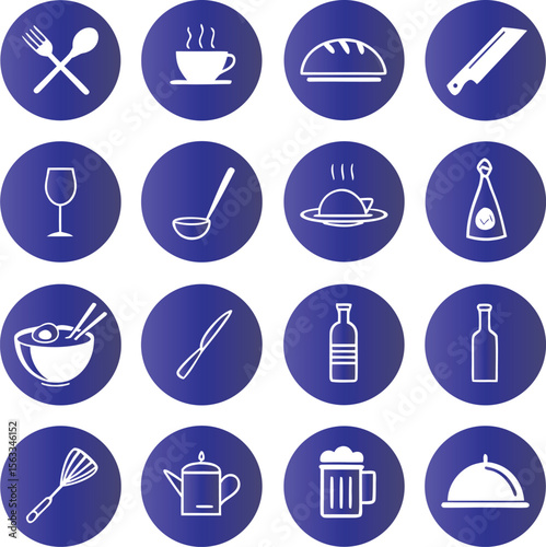 Various culinary icons on blue circular backgrounds food drink