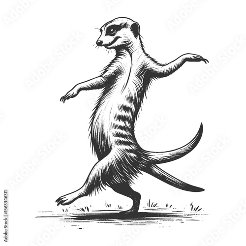 Dancing Meerkat sketch engraving generative ai fictional character vector illustration. Scratch board imitation. Black and white image.