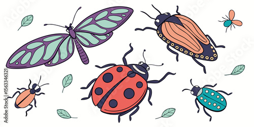 A vibrant vector collection of cute colorful insects including ladybugs, butterflies, and bees, perfect for spring and summer nature illustrations