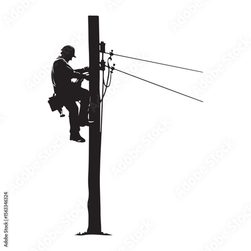 Lineman silhouette climbing electric pole vector artwork, Lineman silhouette vector flat illustration design